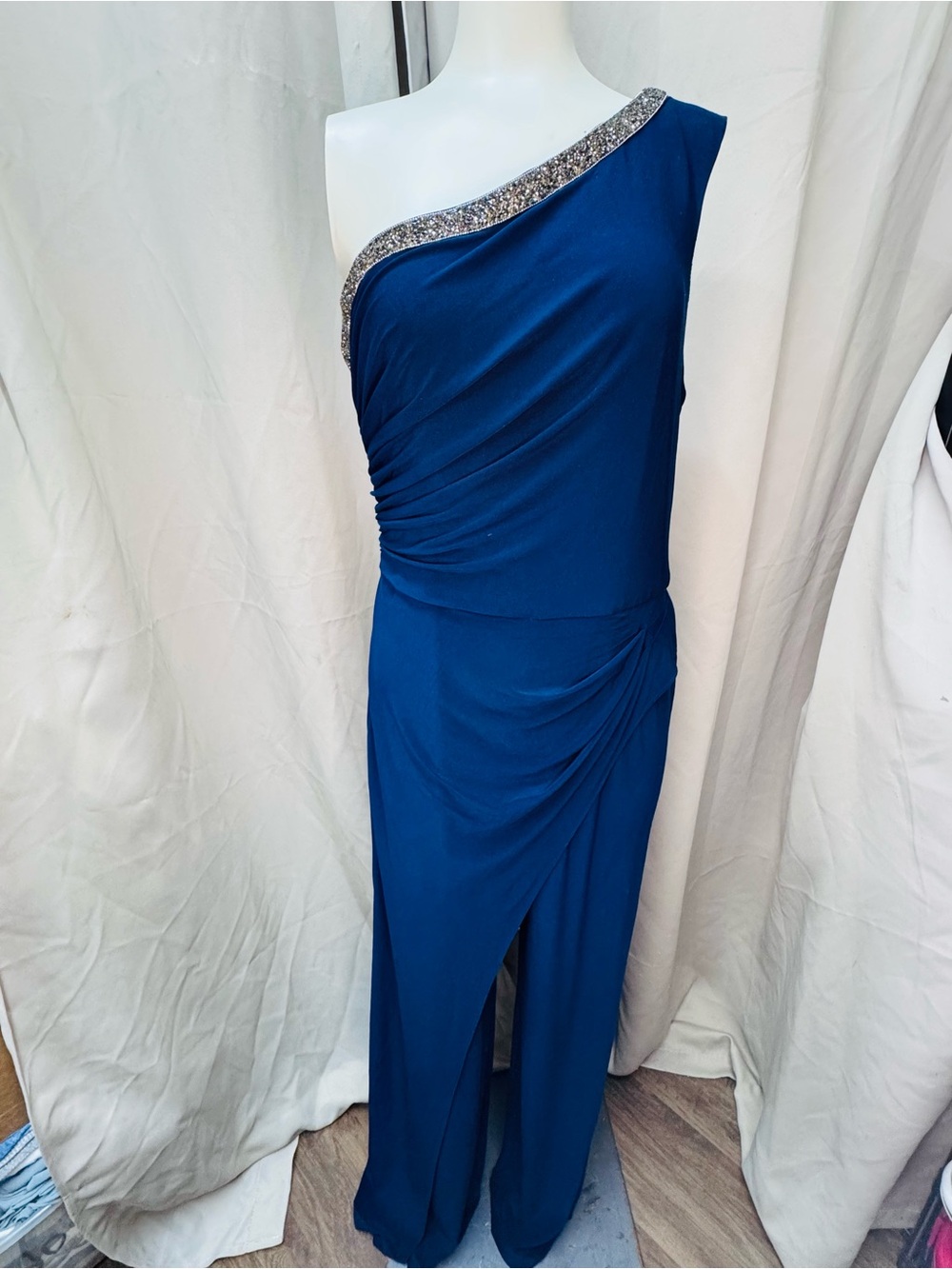 Adrianna Papell One-Shoulder Beaded Evening Gown in Deep Blue